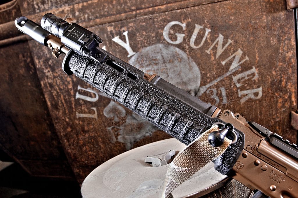 We had Robar apply their grip-texturing to our extended-length Magpul Zhukov polymer handguard. The Zhukov features an aluminum chassis for reinforcement and is fully M-lok compa tible for accessory mounting.