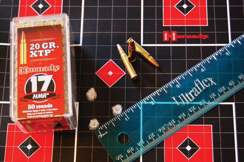 Hornady’s 20-grain XTP loads gave us the most consistent accuracy. Also tested were the Hornady 17-gran VMAX and CCI new 17-grain A17 load developed specifically for this rifle. 1 MOA precision was the rule.