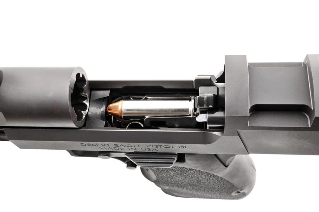 The gas-operated, rotating bolt mechanism that helped make this Desert Eagle famous.