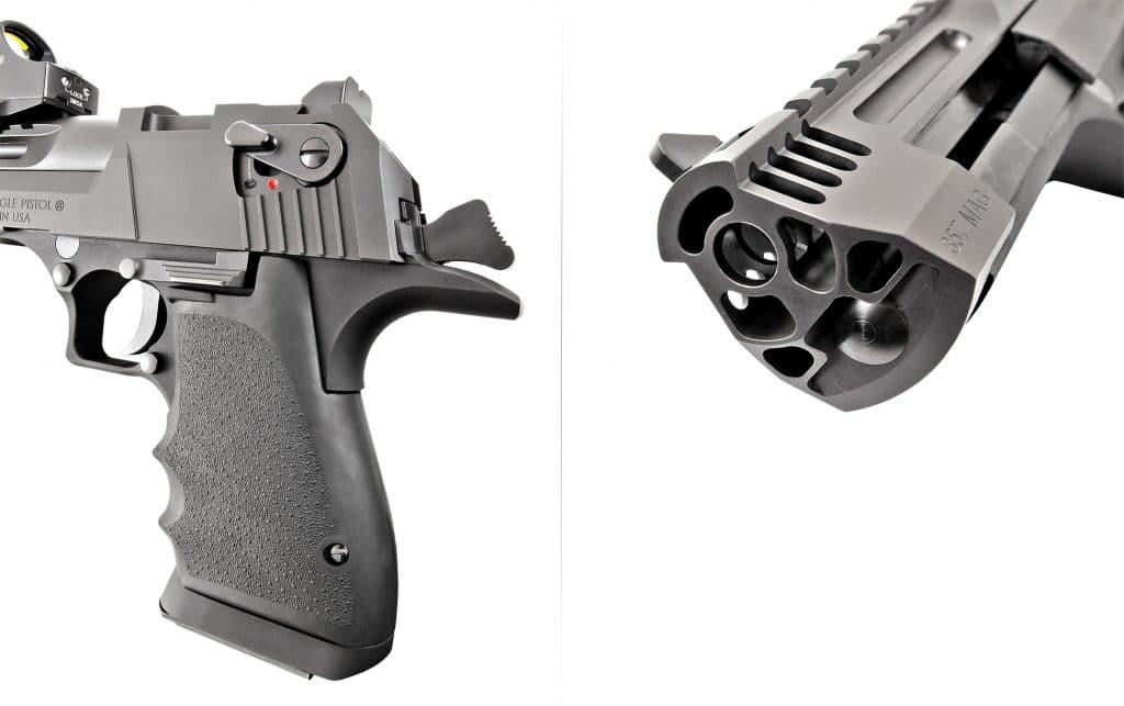 Left: Like the gun itself, the L5’s operating controls are sizable. Shooting comfort and control are both enhanced by tacky rubber grips and extended beavertail. Right: The L5’s wild-looking—yet extremely effective—muzzle brake. It’s worth noting that 6-and 10-inch Mark XIX barrels are not compatible with the 5-inch L5 model.