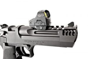 The L5’s weaver-style optic-mounting rail , shown with Meopta’s compact and rugged Meosight III Mini red-dot sight (meoptasportsoptics.com)