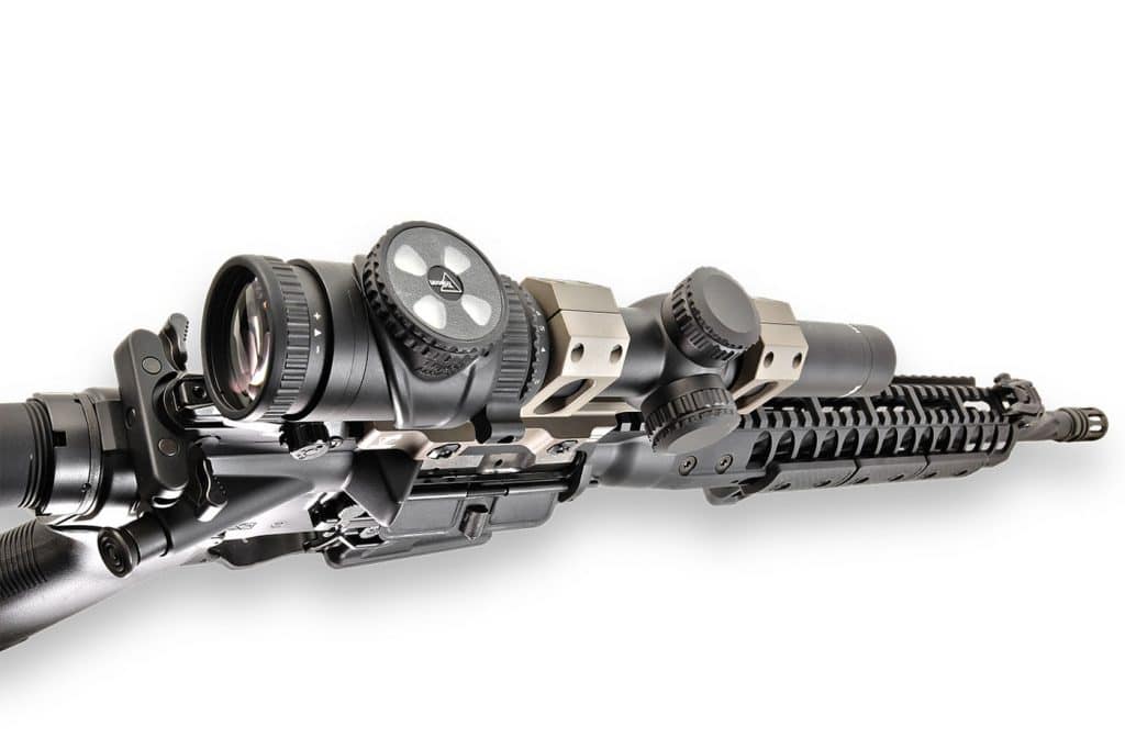 The rugged Trijicon (trijicon.com) 1-6x24mm Accupoint scope—mounted in an ADM (americandefensemanufacturing.com) QD mount were used throughout testing.