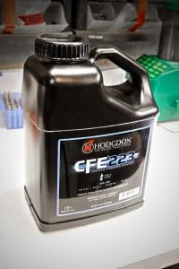 CFE223 (left) is a fine-grained spherical powder that incorporates “copper fouling eraser” in its formula. While it meters well, we wanted precisely equal powder charges for each round for this testing, so all powder charges were weighed using an RCBS Chargemaster 1500 dispensing scale.
