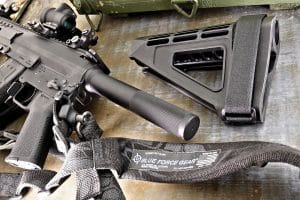 The Pistol version of the mutant comes equipped with a round buff tube only, but adding an “arm Brace” from SB Tactical (sb-tactical.com)—like the SBm4 model shown here—will require only a larger-diameter “pistol” buffer tube be installed.